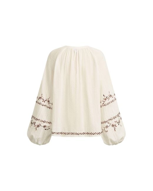 Fabrique Natural Brioche Beaded Tassel Tie Embroidery Blouse