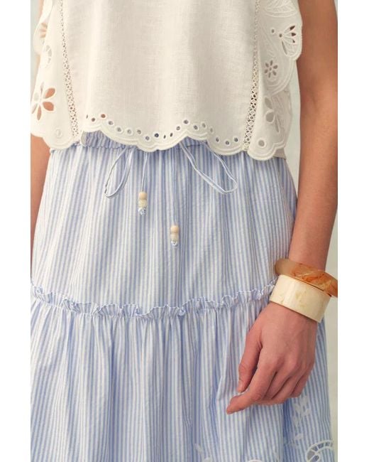 Fabrique Blue Lone Striped Embroidered Sleeveless Lace Trim Cami Top And Skirt Set