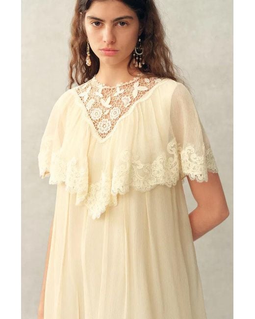 Fabrique Brown Sophia Lace Embroidery Capelet Short Sleeve Dress