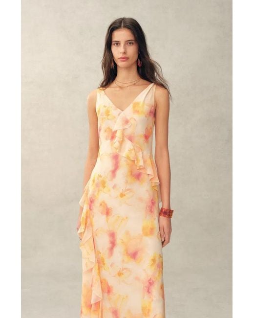 Fabrique Natural Linda Handpainted Floral Ruffle Sleeveless Dress