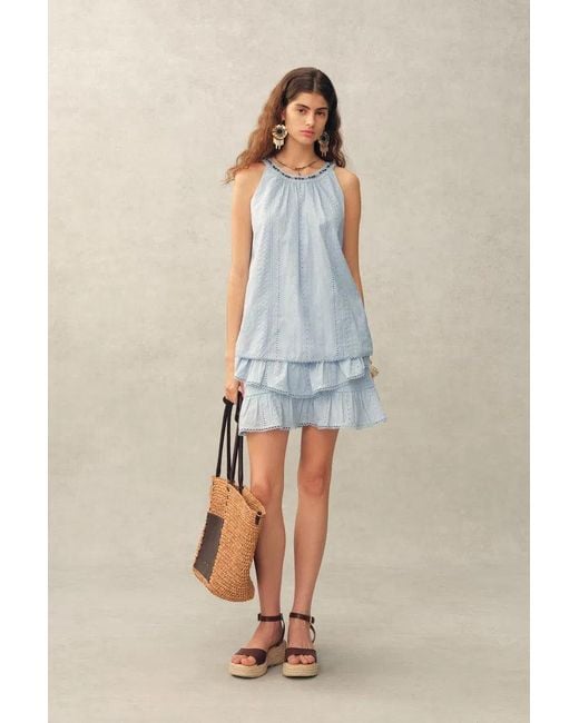 Fabrique Blue Hazel Boho Embroidery Jacquard Halterneck Sleeveless Top And Pants Set