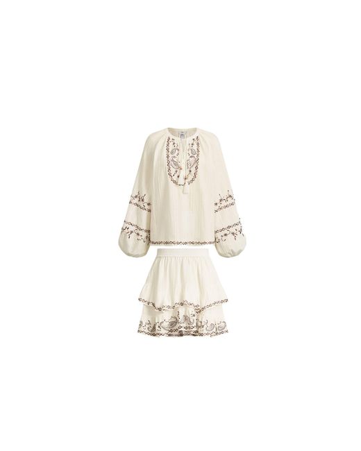 Fabrique Natural Brioche Beaded Tassel Tie Embroidery Blouse And Skirt Set