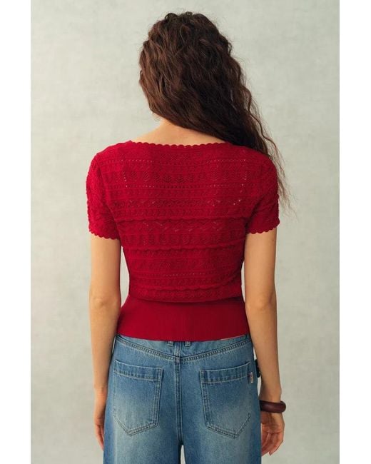Fabrique Red Leyla 3D Floral Short Sleeve Top