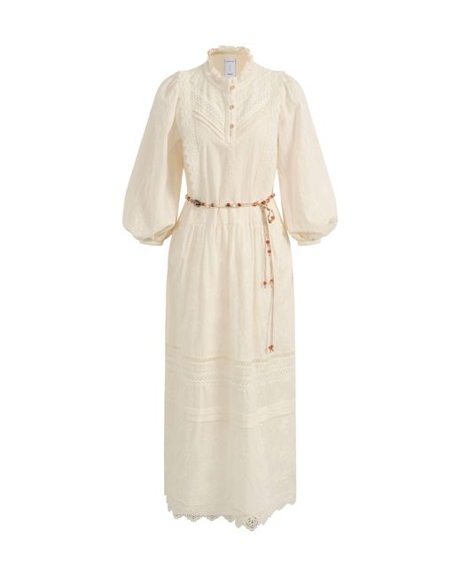 Fabrique Natural Lyra Embroidery Beaded Waist Puff Sleeve Dress