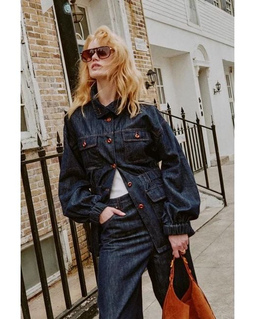 Fabrique Blue Solene Utility Style Fitted Denim Jacket And Long Skort Set
