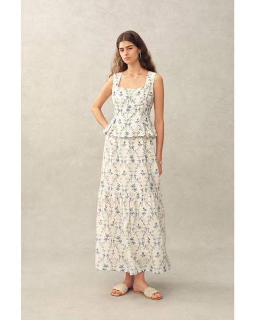 Fabrique Blue Elara Pleated Floral Square Neck Pearl Button Sleeveless Top
