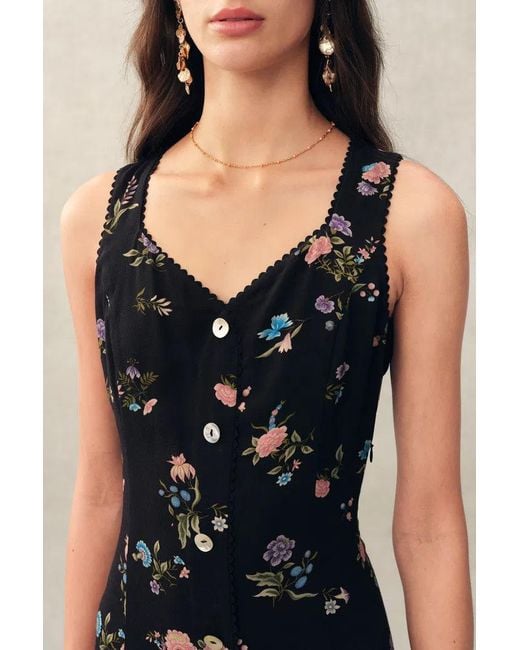 Fabrique Natural Caro Stitched Floral Scalloped Trim V Neck Cinched Sleeveless Dress