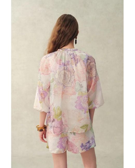Fabrique Multicolor Yori Handpainted Floral Print Sheer Beaded Puff Sleeve Blouse
