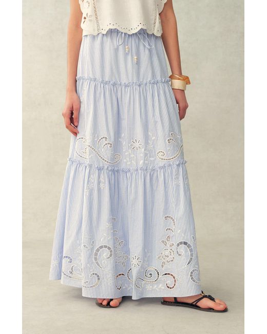 Fabrique Blue Bree Striped Embroidered Drawstring Tiered Skirt