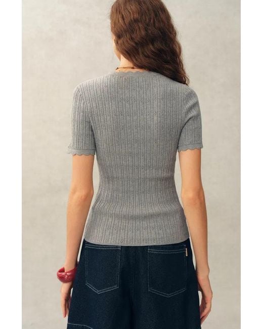 Fabrique Blue Evie V Neck Pointelle Short Sleeve Top