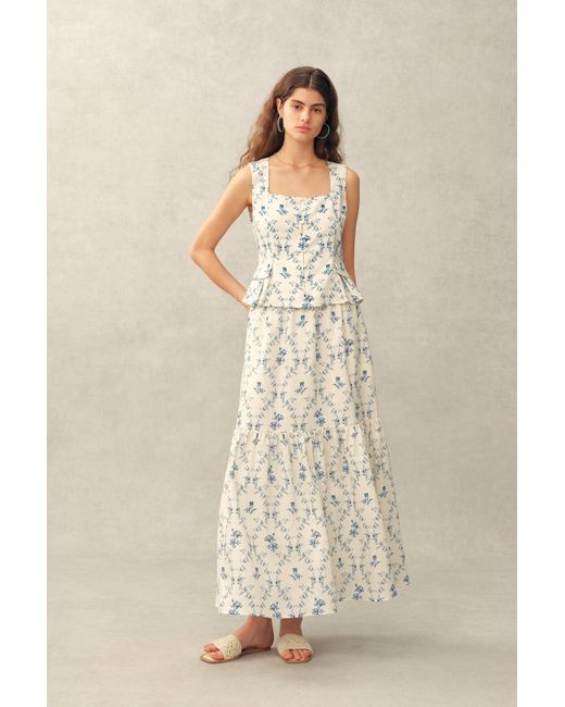 Fabrique Natural Elara Pleated Floral Square Neck Pearl Button Sleeveless Top And Skirt Set