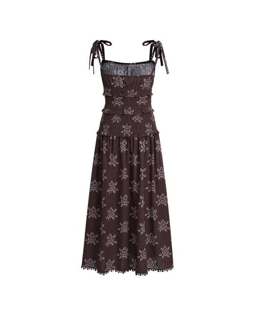 Fabrique Blue Eva Smocked Handpainted Floral Tie Shoulder Sleeveless Dress