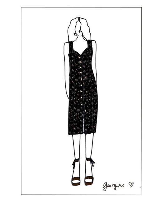 Fabrique Natural Caro Stitched Floral Scalloped Trim V Neck Cinched Sleeveless Dress