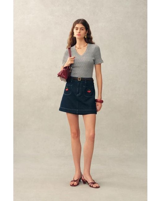 Fabrique Blue Evie V Neck Pointelle Short Sleeve Top