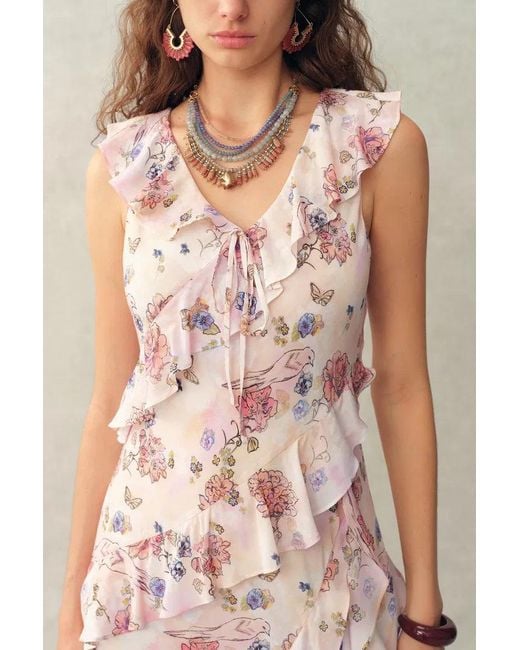 Fabrique Natural Alice Handpainted Floral Bias Cut Ruffed Sleeveless Dress