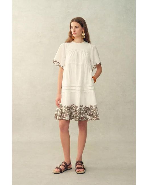 Fabrique White Margaret Contrast Paisley Embroidery Short Dress