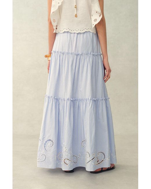 Fabrique Blue Bree Striped Embroidered Drawstring Tiered Skirt