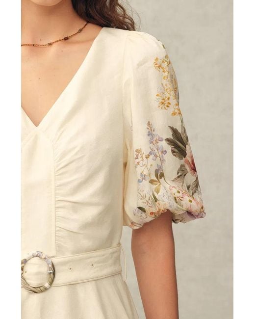 Fabrique Natural Eve Handpainted Floral Belted Puff Sleeves Dress