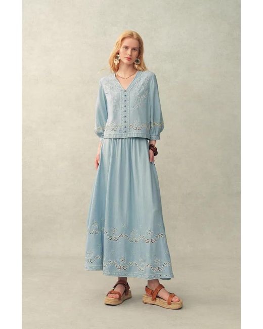 Fabrique Blue Marmont Pin Tuck Embroidery Blouse And Skirt Matching Set