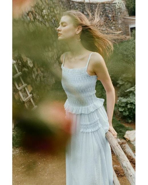 Fabrique Green Cirra Smocked Ruffle Trim Striped Sleeveless Cami Dress