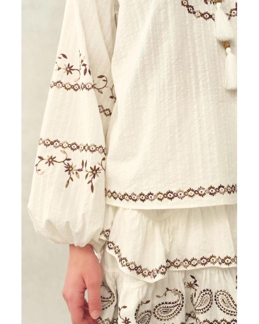 Fabrique Natural Brioche Beaded Tassel Tie Embroidery Blouse