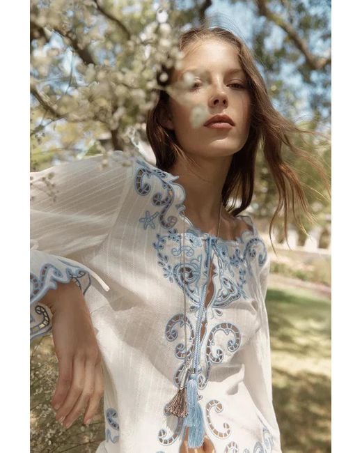 Fabrique Natural Maggie Embroidery Resort Wear Tie Front Sheer Shirt And Skirt Set