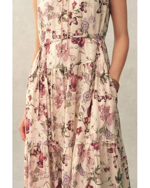 Fabrique Green Liana Printed Pomegranate Floral Tiered Dress