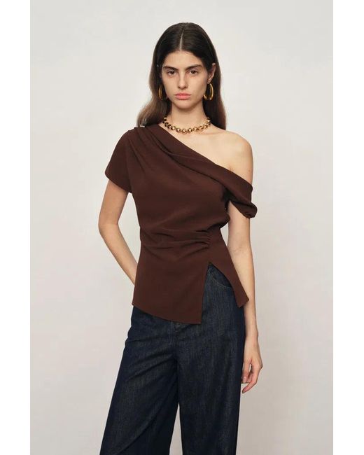 Fabrique Multicolor Hazel Asymmetric Ruched One Shoulder Side Slit Fitted Top