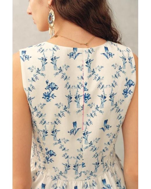 Fabrique Blue Elara Pleated Floral Square Neck Pearl Button Sleeveless Top