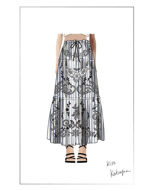 Fabrique Blue Bree Striped Embroidered Drawstring Tiered Skirt