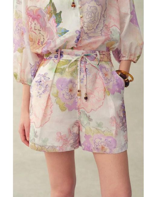 Fabrique Pink Yori Handpainted Floral Print Sheer Beaded Belt Shorts