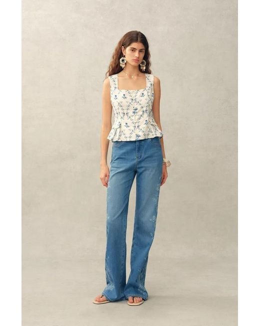 Fabrique Blue Elara Pleated Floral Square Neck Pearl Button Sleeveless Top