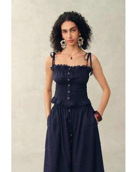 Fabrique Blue Siena Smocked Tie Front Bandeau Top And Maxi Skirt Set