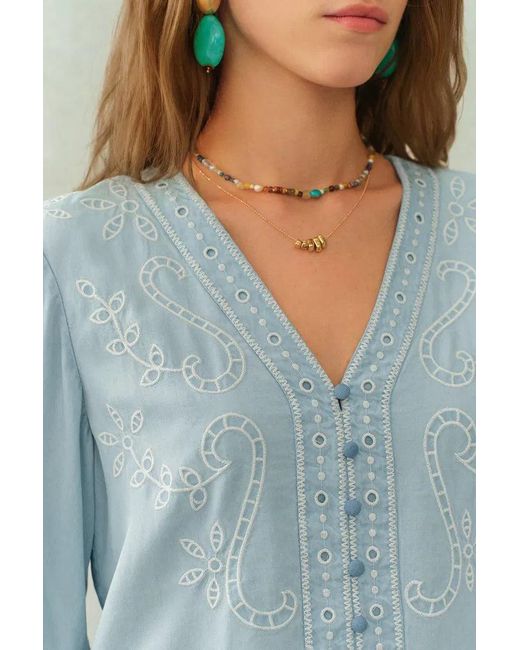 Fabrique Blue Marmont Pin Tuck Embroidery Blouse And Skirt Matching Set