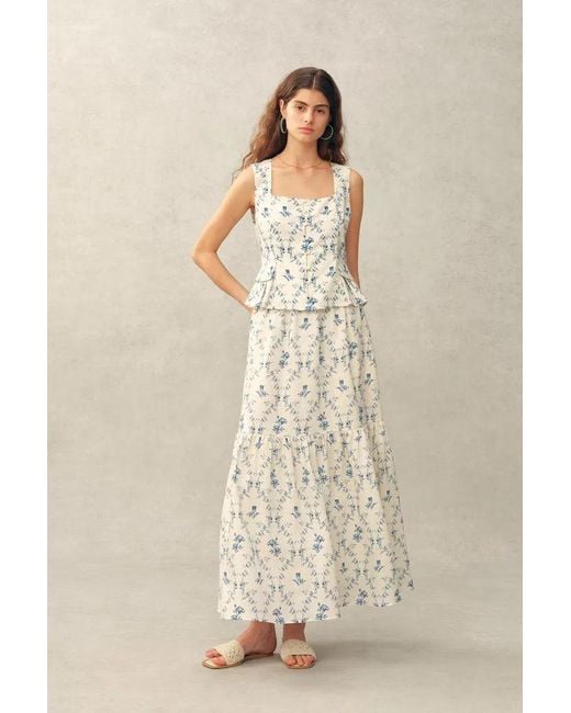 Fabrique Natural Elara Pleated Floral Square Neck Pearl Button Sleeveless Top And Skirt Set