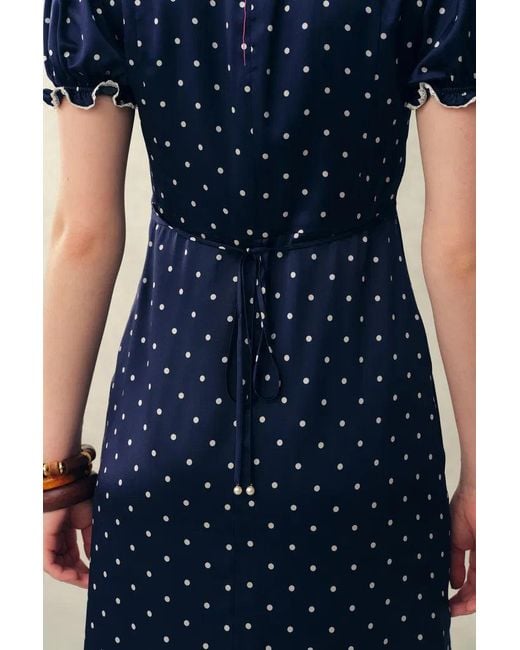 Fabrique Blue Carole French Style Polka Dot Squre Neck Puff Sleeve Dress