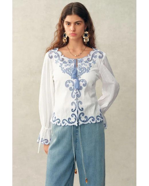 Fabrique Metallic Maggie Embroidery Resort Wear Tie Front Sheer Shirt