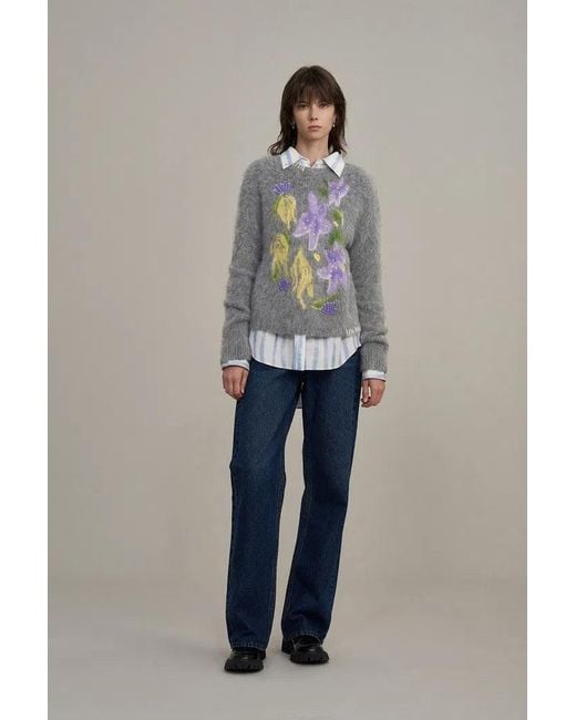 Fabrique Gray Titian Hand Embroidered Flora Sweater