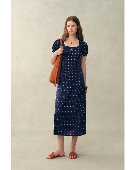 Fabrique Blue Carole French Style Polka Dot Squre Neck Puff Sleeve Dress