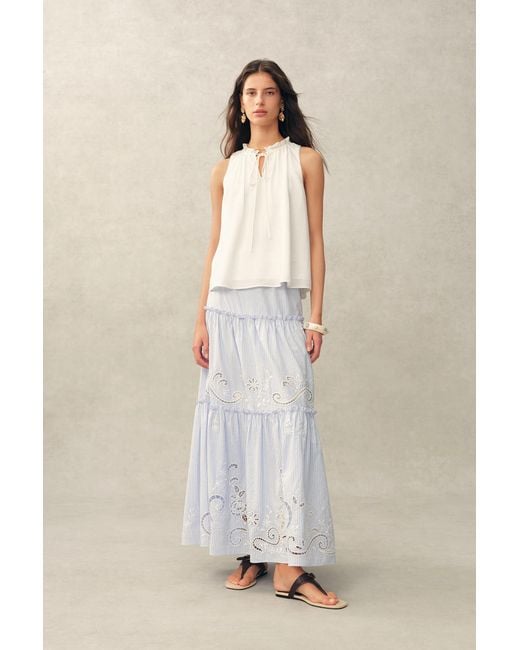 Fabrique Blue Rosalind Ruffle Neck Tie Front Sleeveless Top