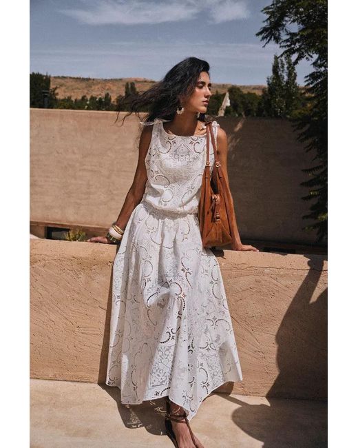 Fabrique Natural Nellie Cutwork Embroidered Scarf Tie Layered Sleeveless Dress