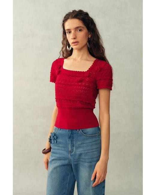 Fabrique Red Leyla 3D Floral Short Sleeve Top