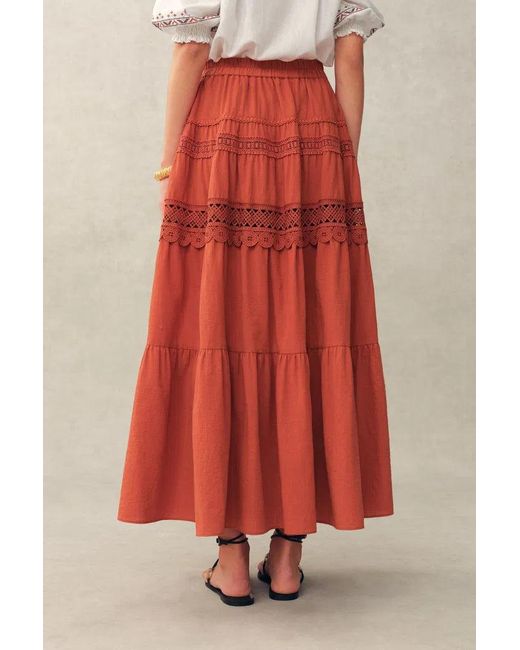 Fabrique Red Kalia Lace Embroidery Pleated Cap Sleeve Top And Maxi Slit Skirt Set