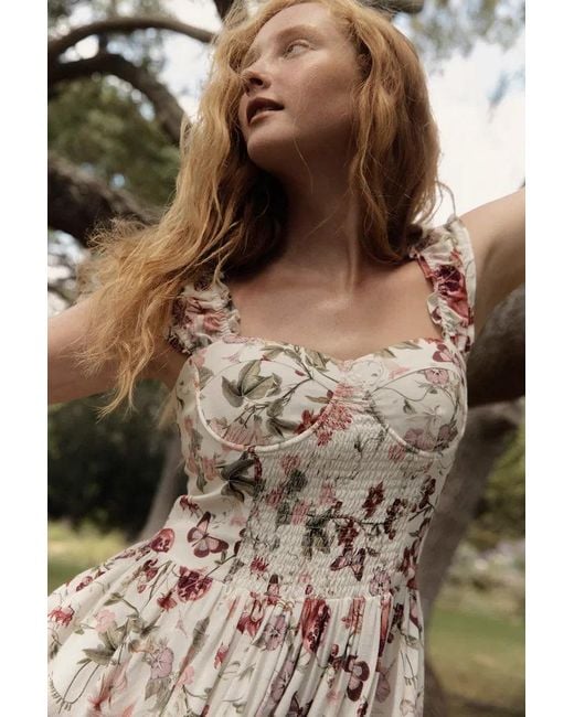 Fabrique Brown Ria Smocked Pomegranate Print Strap Dress With Built-In Cups