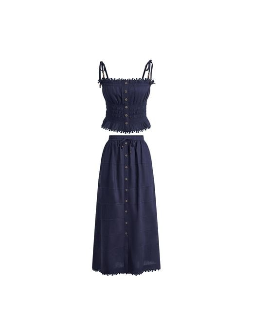 Fabrique Blue Siena Smocked Tie Front Bandeau Top And Maxi Skirt Set