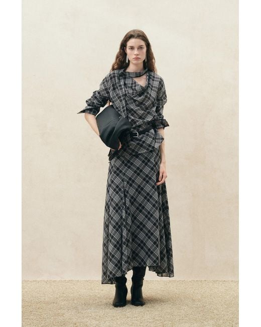 Fabrique Natural Fern Plaid Scarf Tie Blouse