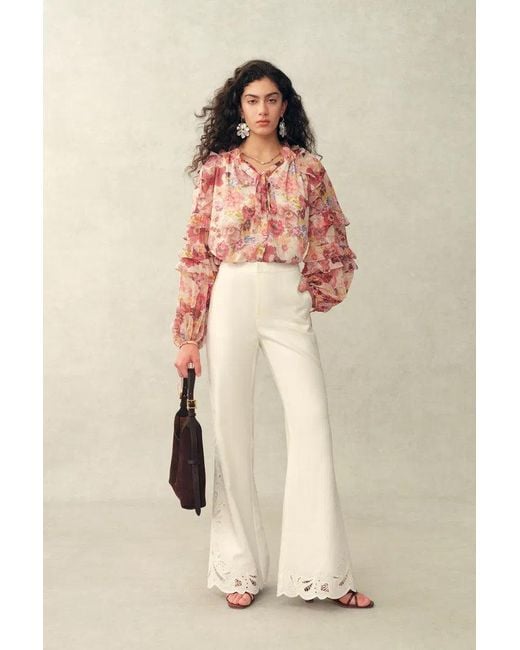Fabrique Natural Marie Hand-Painted Print V-Neck Ruffle Top