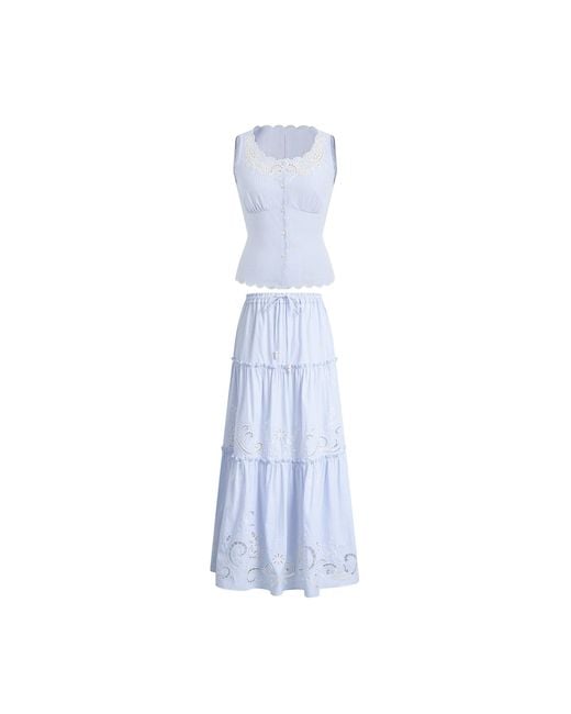 Fabrique Blue Lone Striped Embroidered Sleeveless Lace Trim Cami Top And Skirt Set
