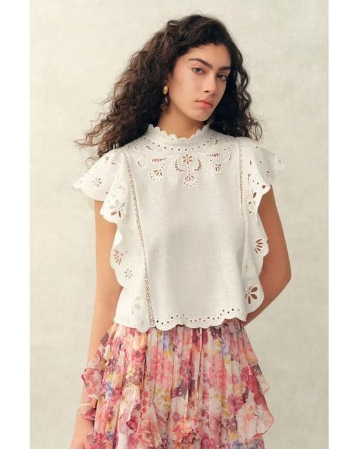 Fabrique Natural Lilou French Cutwork Embroidery Ruffle-Sleeve Top And Pants Matching Set