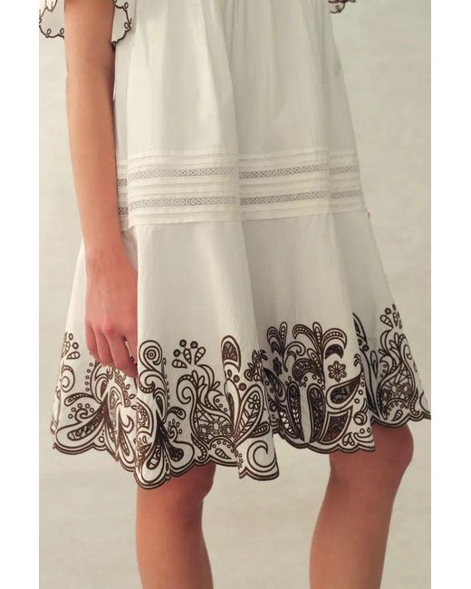 Fabrique White Margaret Contrast Paisley Embroidery Short Dress